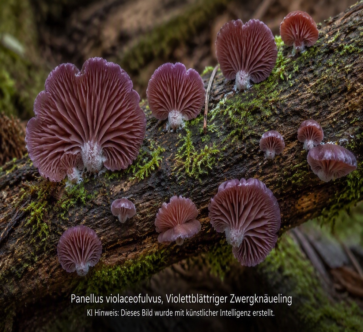 Violettblättriger Zwergknäueling - Bild exemplarisch, KI generiert. Die erst hell-gelblichen Lamellen wird schon bald zunehmend bräunlich-violett.